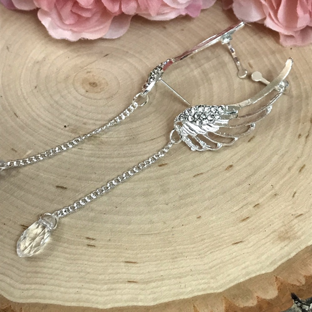 Angel Wings Water Drop Crystal Clip On Earrings - Picture 9 of 12